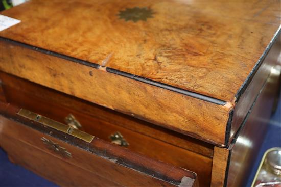 A Victorian brass inlaid walnut jeweller box, containing a quantity of costume jewellery.